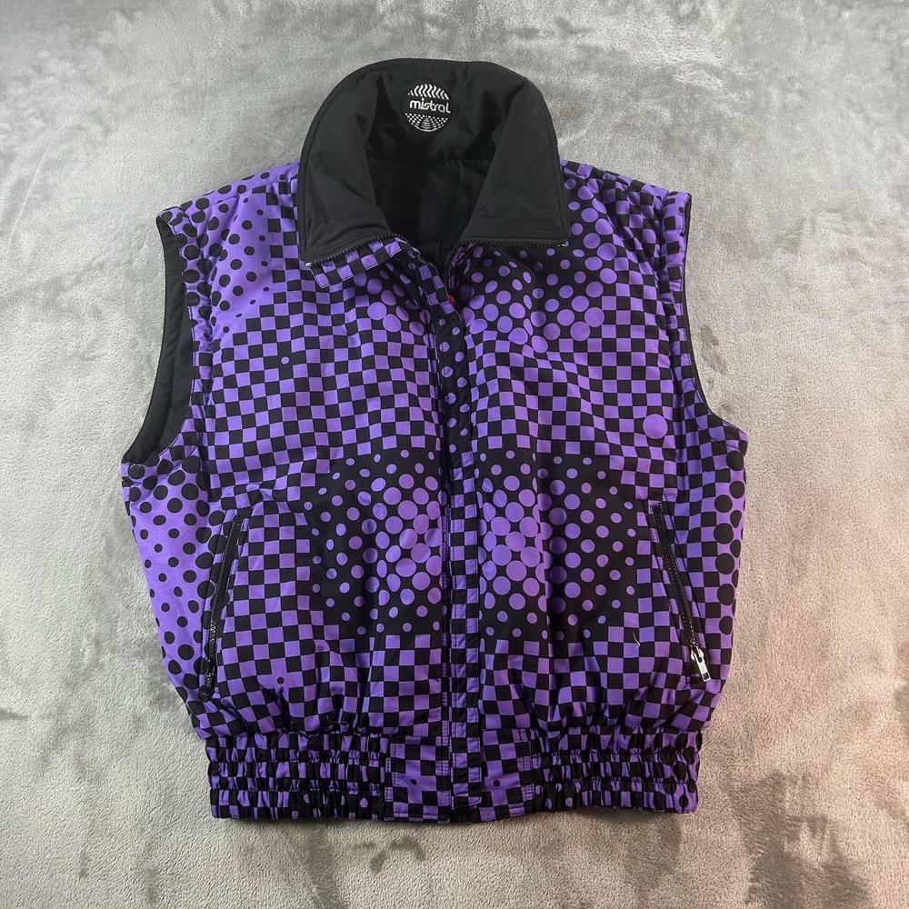 Mistral Vest Womens Medium Purple Check Dot Puffer Full Zip Elastic Waist Lined